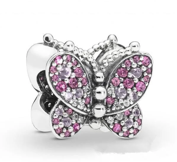 Genuine 925 Sterling Silver Bead Dazzling Pink Butterfly Charm Beads Fit pan Women Bracelet & Necklace Diy Jewelry