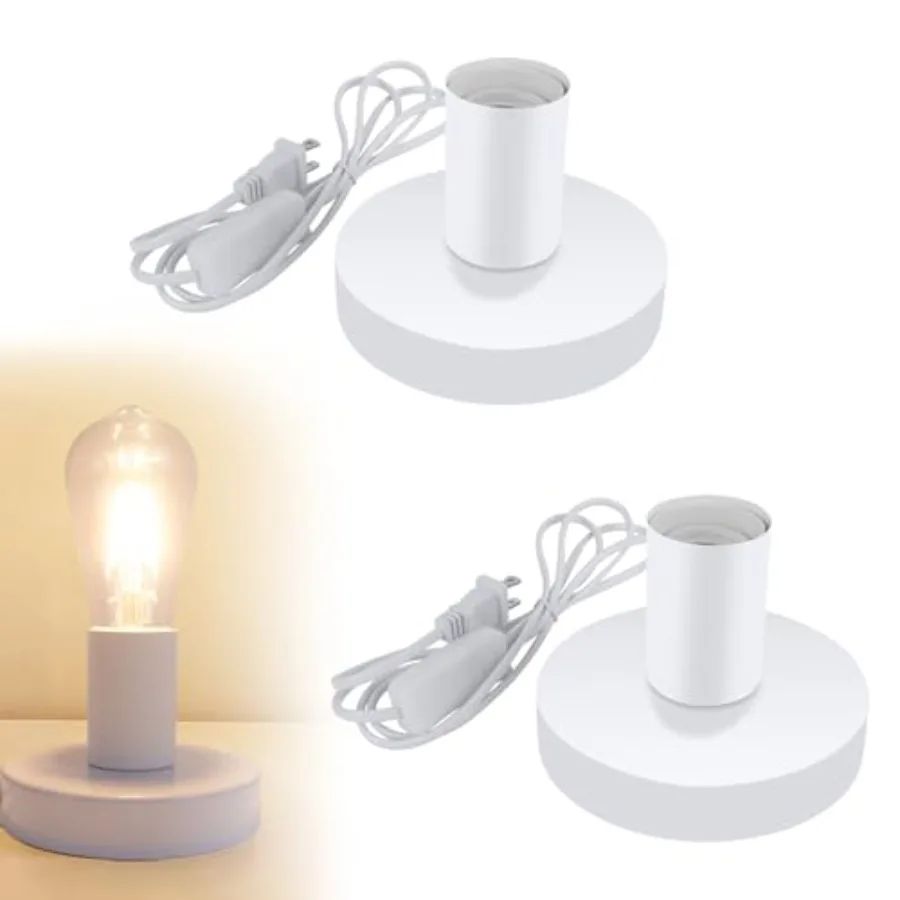 Industrial Table Lamp Base 2pcs, E26 Socket with Extension Cord, Polished Metal Desktop Plug in Light Socket for E26/E27 Bulb w