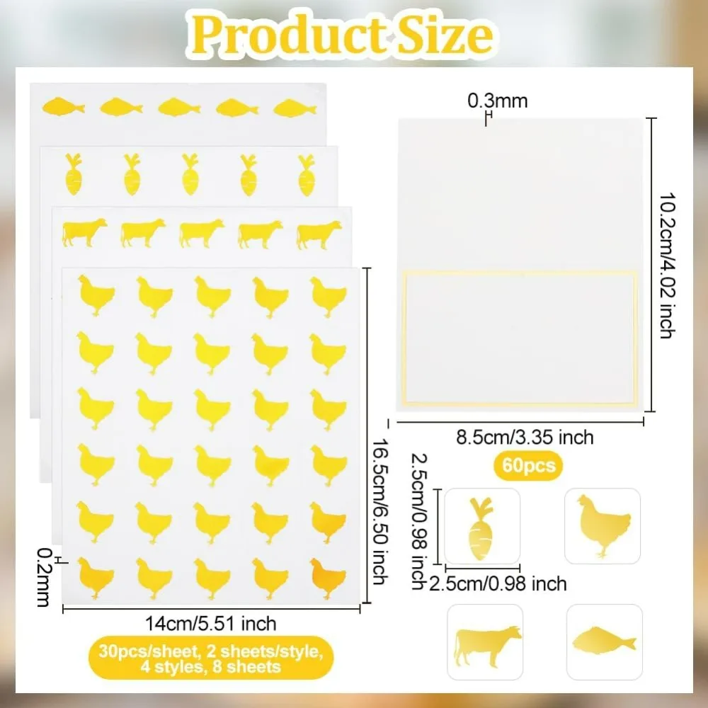 240pcs 4 Styles Gold Meal Stickers 1 Inch with 60pcs Table Place Cards Food Choice Sticker Set Cow/Chicken/Fish/Carrot Wedding