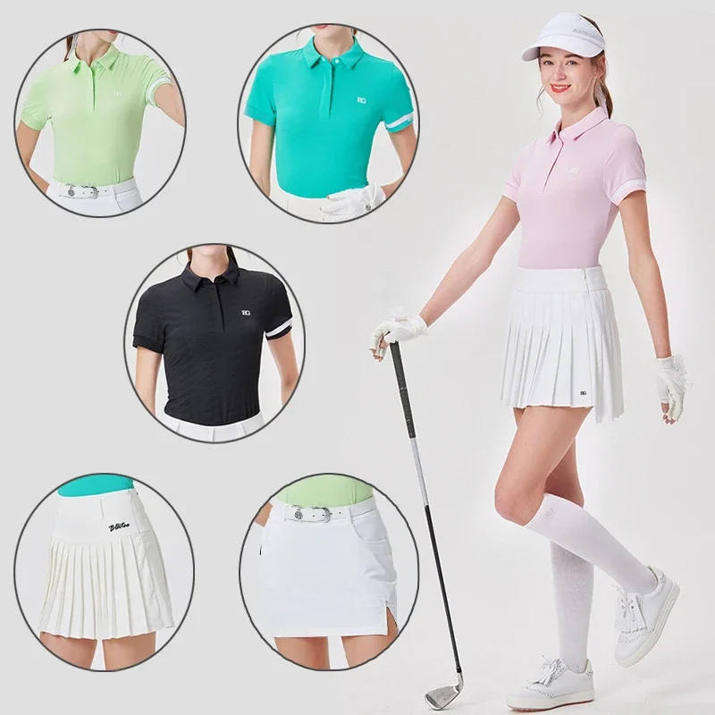 BG Female Sports Short-sleeved Polo Shirt Women Tennis Quick-dry Cooling Tops High Waist Pleated Golf Skirt Summer Golf Suit