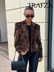 TRAFZA Women New Fashion Leopard Print Blazer Female Lapel Pocket Decorate Casual Slim Short Coat Street Style Jacket Top Mujer