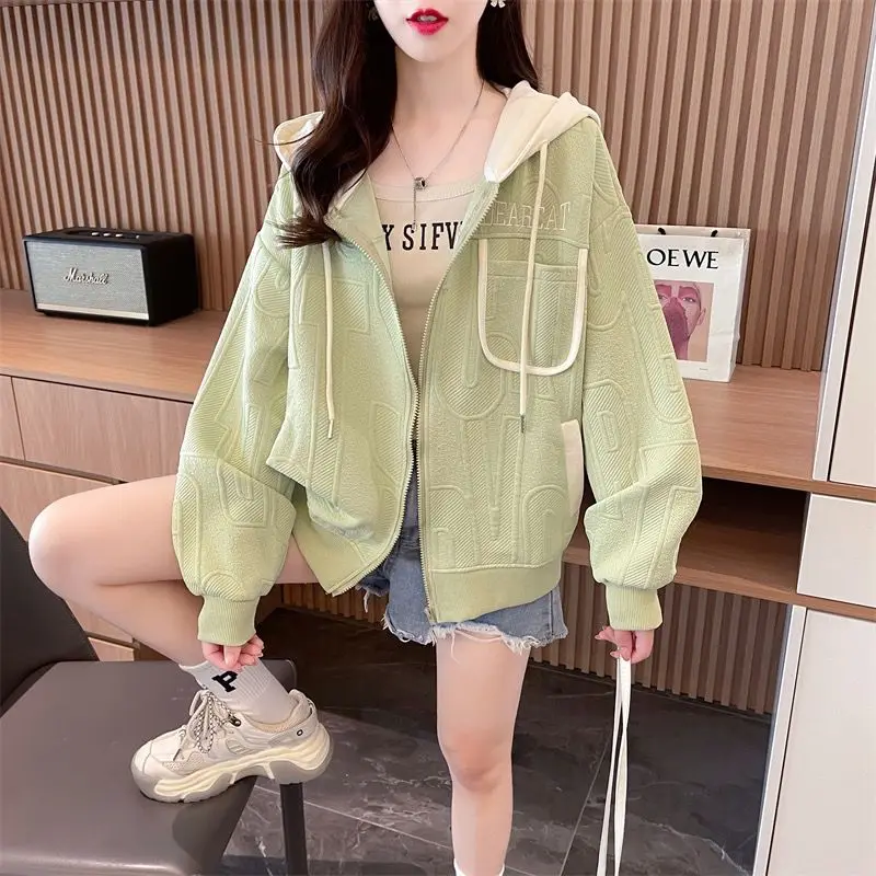 Women\'s Cardigan Zipper Letter Drawstring Hooded Sweater Spring and Autumn Korean Loose Long Sleeve Patchwork Pocket Casual Coat