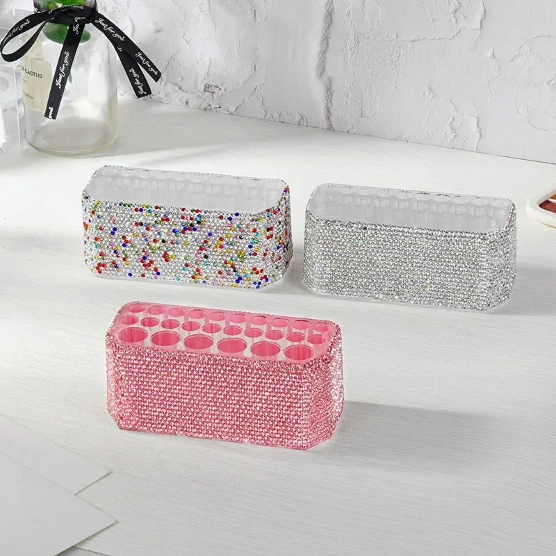 Bling Rhinestone Holes Nail Brushes Storage Box 26 Makeup Brushes Holder Acrylic Organizer Nail Art Bushes Storage Showing Shelf