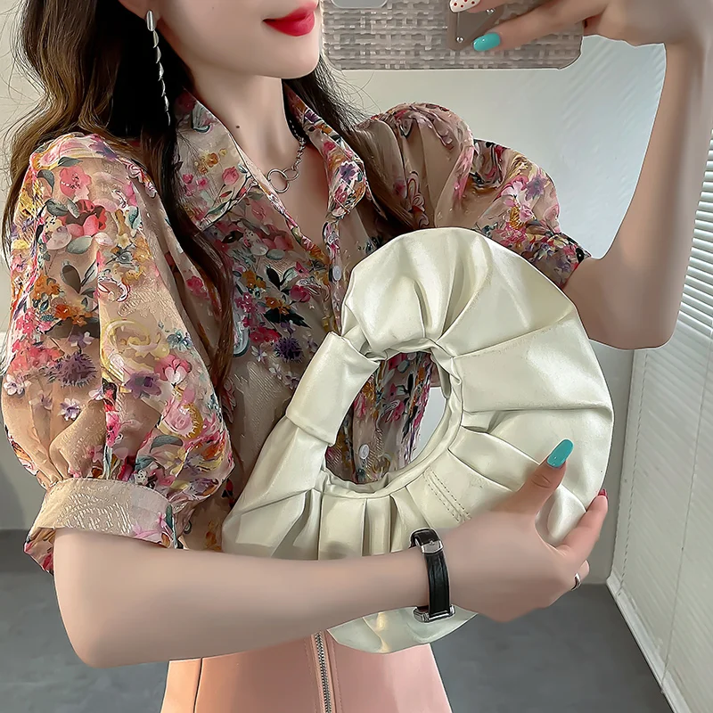 2024 Women\'s Summer New Spliced Polo Neck Button Printing Fashion Loose Comfortable All-match Lantern Sleeve Blouses Shirts