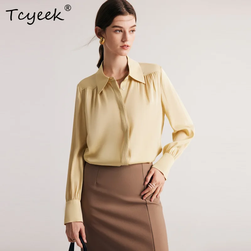 

Tcyeek 19Mm 90% Silk 10% Spandex Shirts Women Turn Down Collar Pleated Loose Tops Long Sleeve Office Autumn Spring T36520JM