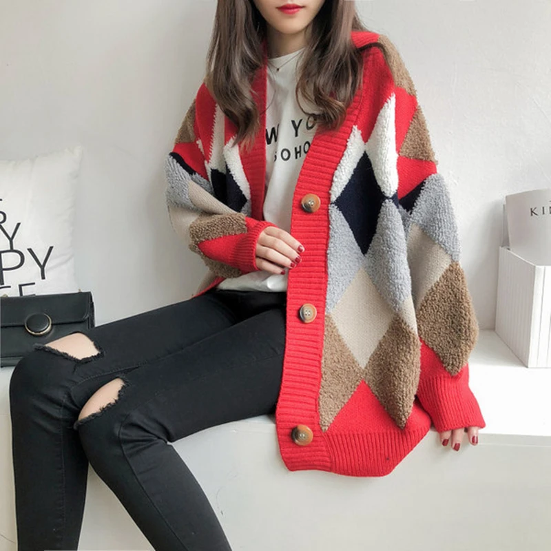 Women Autumn Fashion Trend Loose Geometric Knitting Cardigan Women Clothes Korean Simplicity All-match Long Sleeve Warm Knitwear