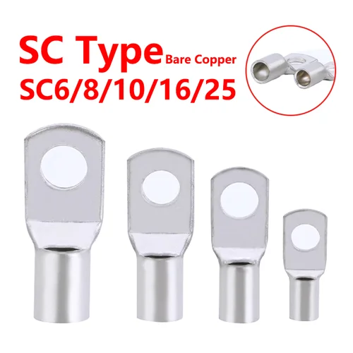 100 Uds SC tipo Terminal de punta de Cable SC6 SC8 SC10 SC16 SC25 bloque de batería de cobre desnudo terminales de Cable agujero 6mm 8mm 10mm conector de engarzado