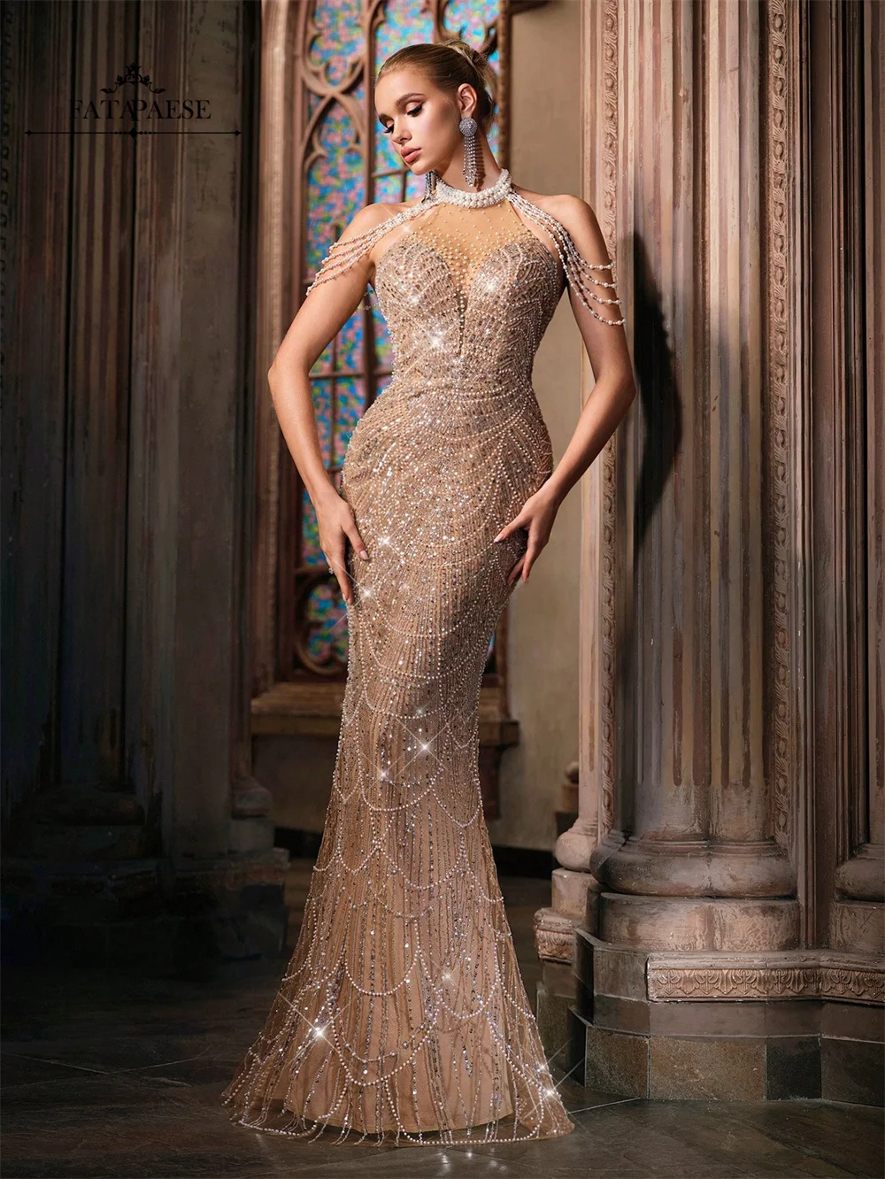 FATAPAESE Haute Couture Luxury Evening Dresses Pearls Chain Evening Gowns Chic Hatler Mermaid Prom Dresses Wedding Guest Dress