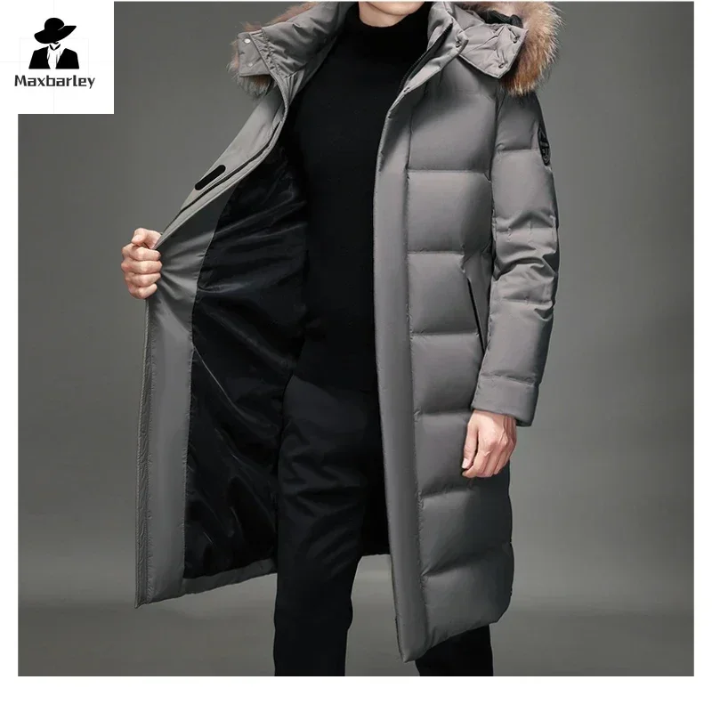 Winter Long Down Jacket Men\'s Light Luxury Fur Collar Hooded Windproof White Duck Down Warm Coat Korean Thick Snow Puffer Jacket