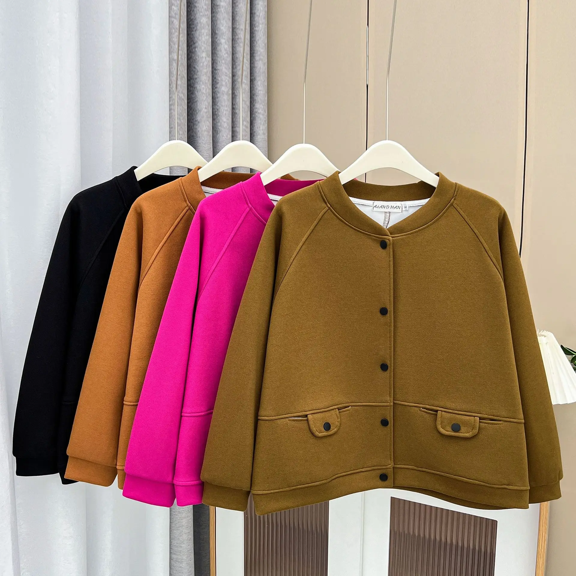 Womens Plus Size Solid Color Baseball Jacket Autumn Casual Clothing Fashion Raglan Sleeves Outwear Curve Coats E21 6826