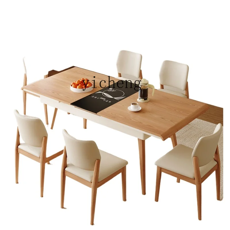 

ZK Rectangular Solid Wood Dining Table with Induction Cooker Integrated Foldable Retractable Log Cream Style Dining Table