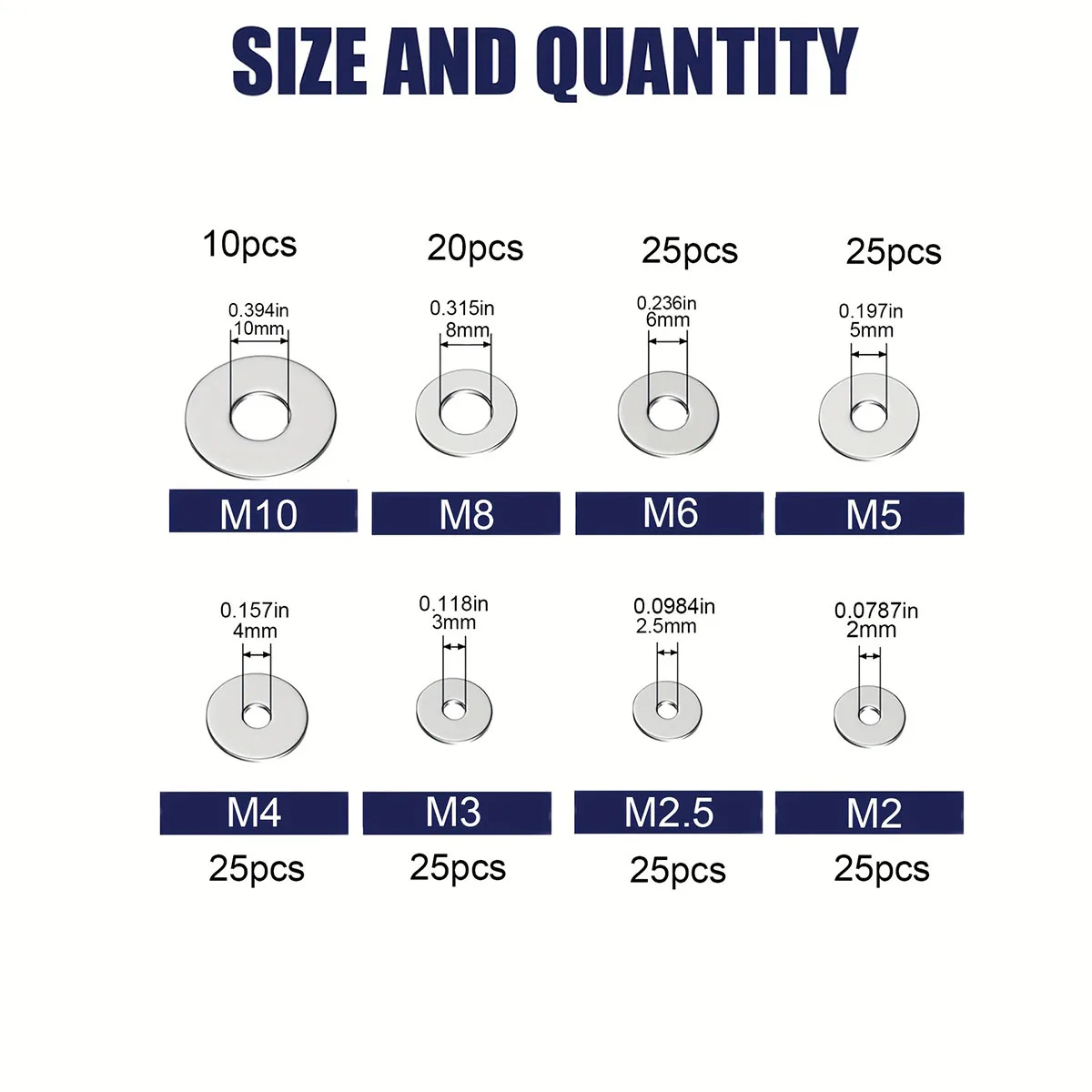 180Pcs Large Flat Washers 304 Stainless Steel Big Plain Washers Gasket M2 M2.5 M3 M4 M5 M6 M8 M10 Metal Washer Fasteners Kit DIY