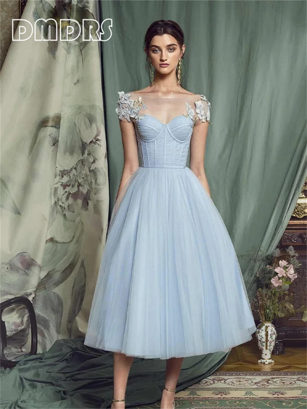 

Mid-Calf Tulle A Line Dresses for Women, Sheer Neck, Short Sleeves, Corset, Sweetheart Corset, Bone Lace-up Prom Dress