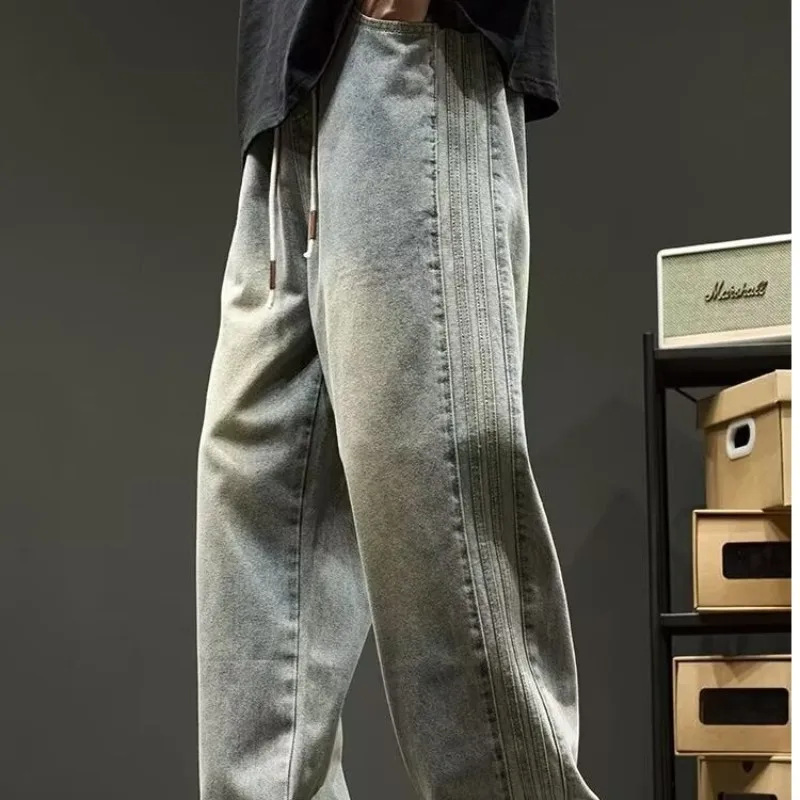 Calça jeans de perna reta preta retrô masculina, calça larga larga larga larga larga larga, até o chão, hip hop, na moda, nova