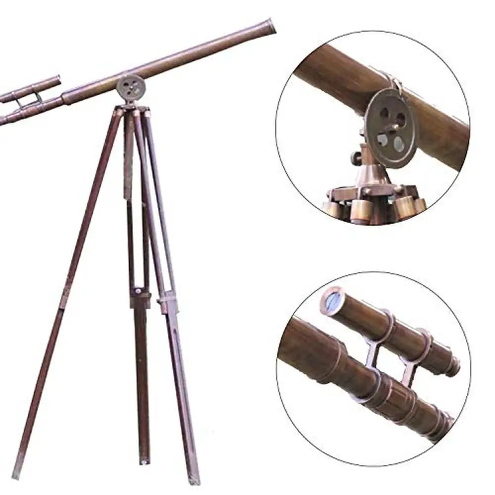 Adjustable Wooden Floor Standing Telescope Antique Brass Finish 32x Magnification Vintage Nautical Decor Stable Tripod Stand