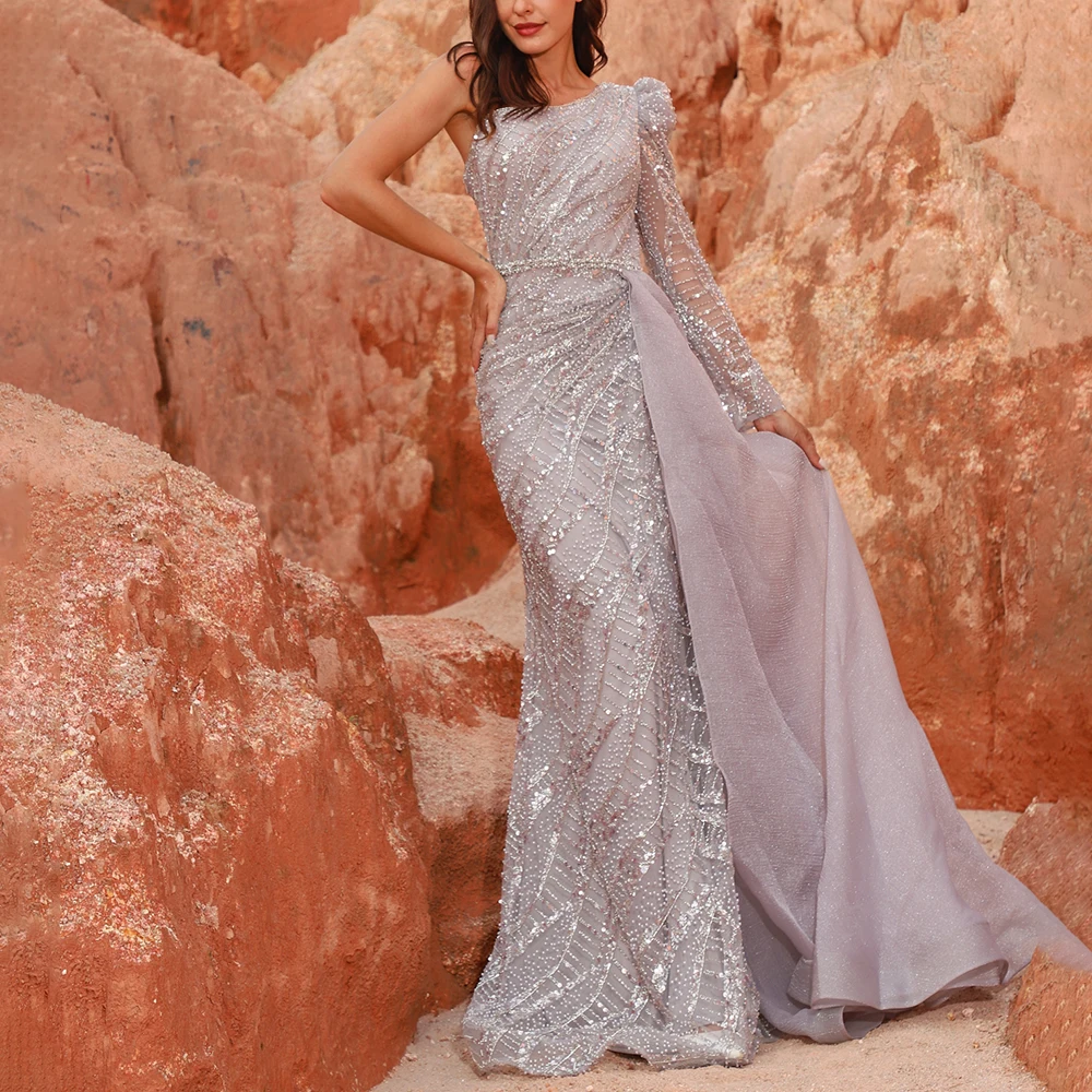 Women Grey One Shoulder Full Beaded Sparkle Sequined Evening Dress Long Sleeve Exclusive Wedding Party Formal Gowns With Train