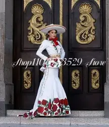 Black and White History Mexican Mermaid Evening Dresses Formal Women's Satin Button Floral Embroidery Custom فساتين الحفلات