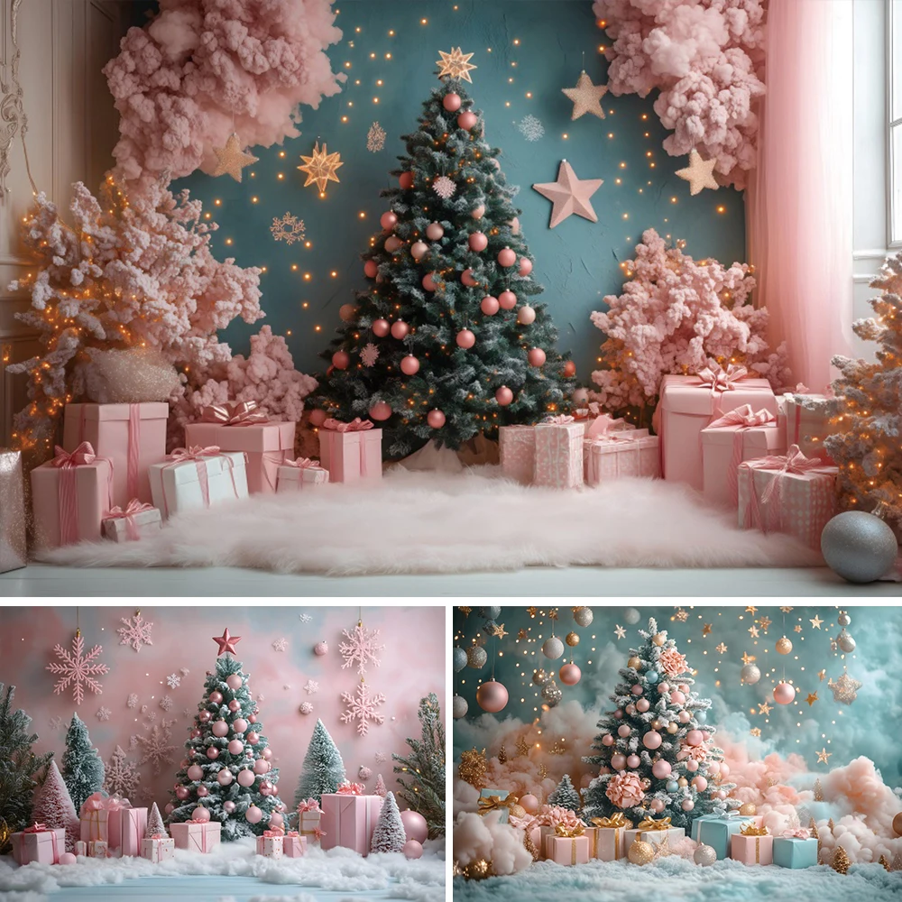 

Pink Christmas Theme Photography Background Xmas Tree Star Gift Box Holiday Family Party Girl Princess Photo Backdrop Studio