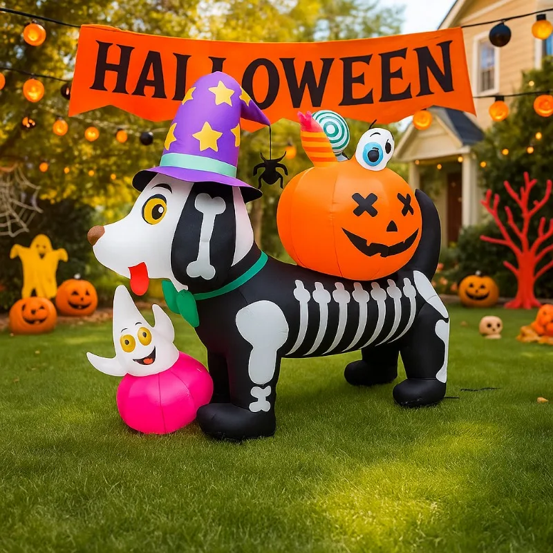 5ft halloween feriado iluminação esqueleto cão com decorações de abóbora led light up explodir modelo pátio gramado fora decoração