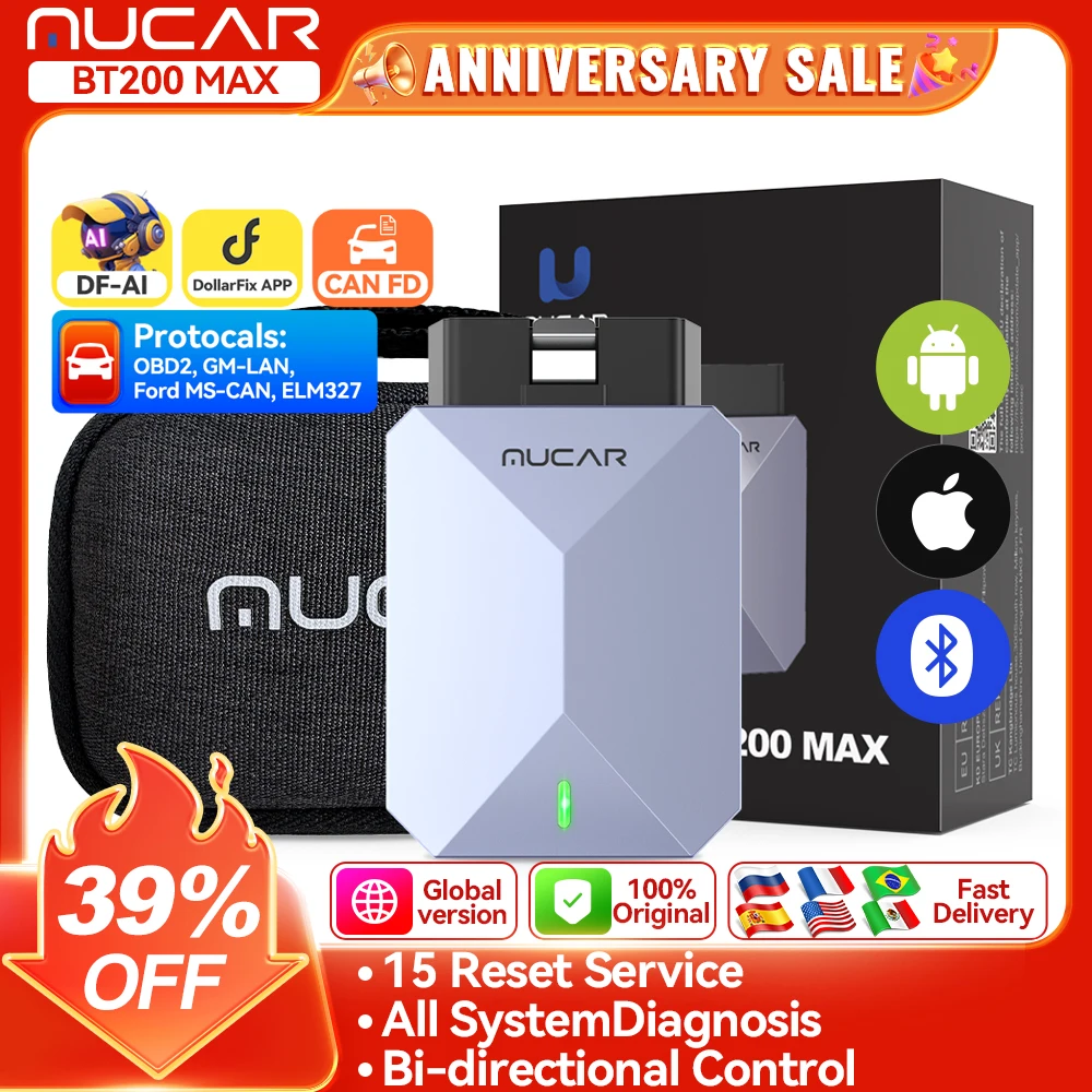 MUCAR BT200 MAX Lifetime Free AI Car Diagnostic Tool CANFD All System Diagnosis scanner 15 Reset Bi-Directional OBD2 Code Reader