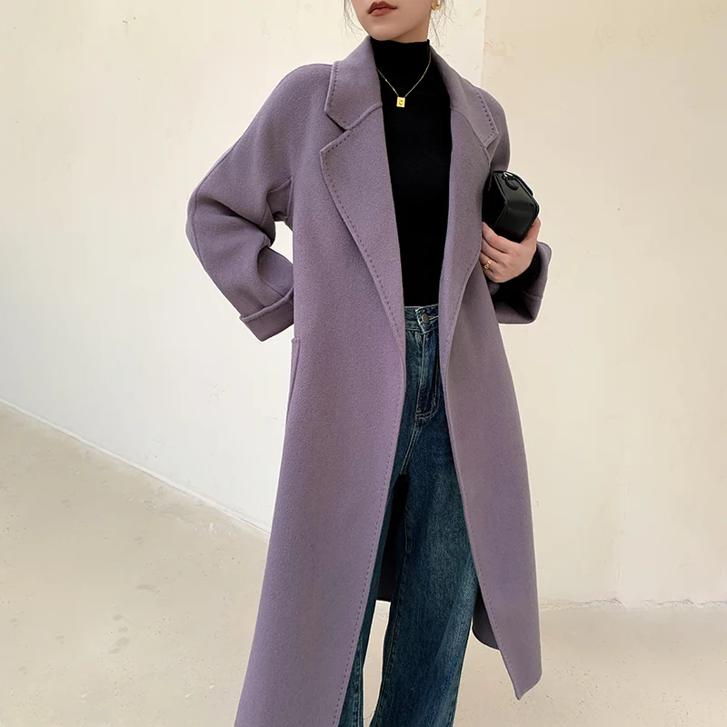 

10% Cashmere 90% Wool Women Coat Casual Women Long Outerwear Overcoat Autumn Winter Fashion Solid Color 2024 Windbreaker Femme