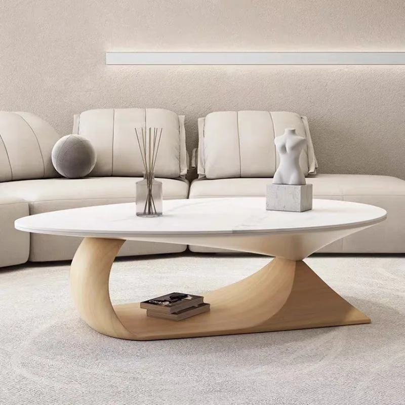 

Oval rock slab coffee table Solid wood wabi-sabi wind art High-end small apartment Living room Special-shaped tea table