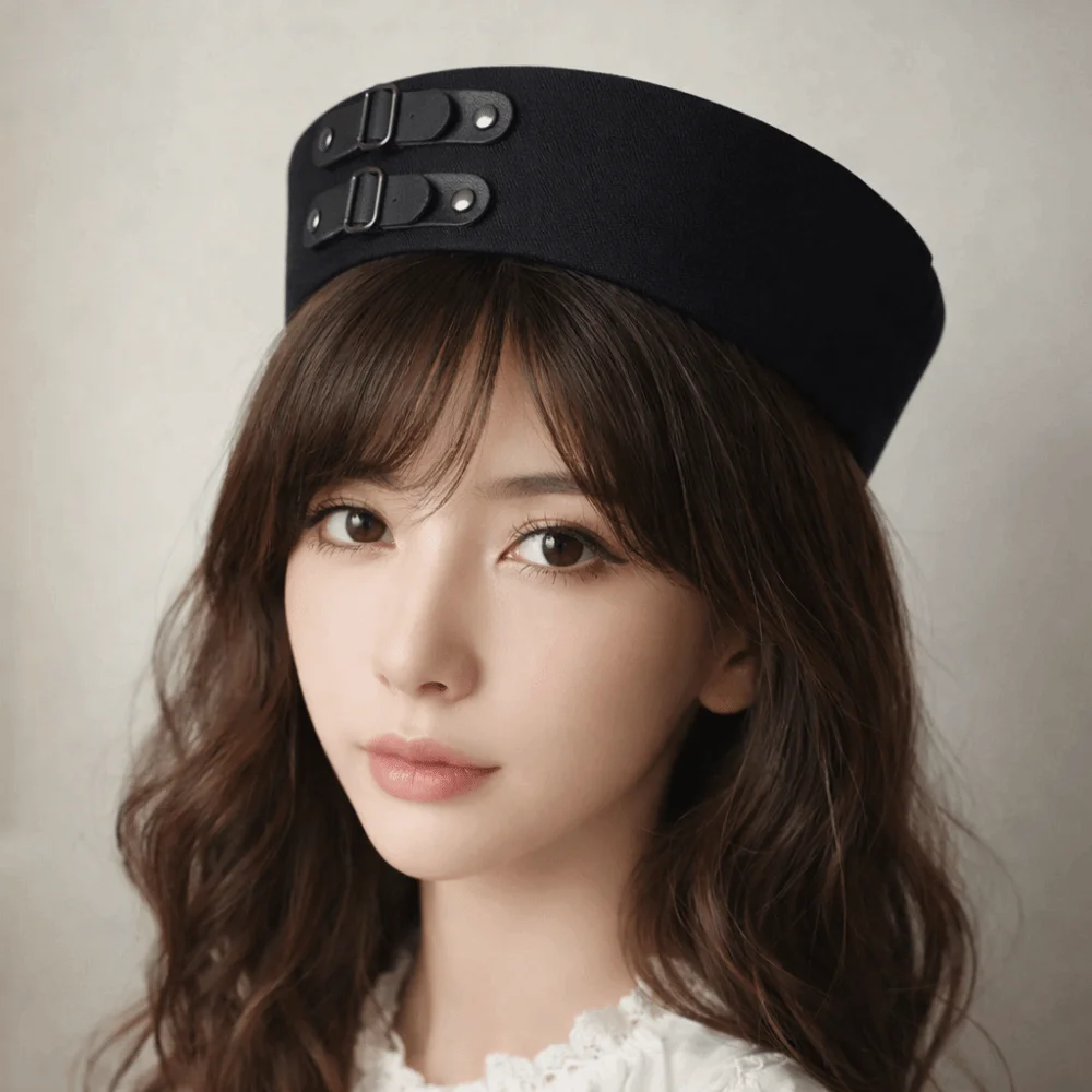 

Photo Black Leather Buckle Sailor Hat Sweet Versatile Captain Hat Y2K PU Chain Vintage Beret Cosplay