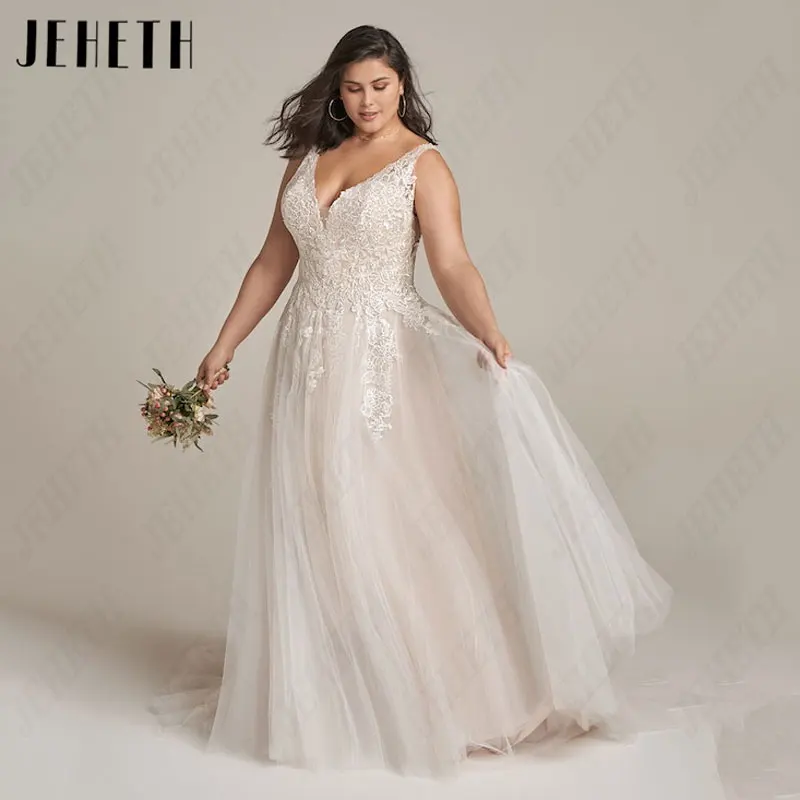 

JEHETH Spaghetti Straps A-Line Wedding Dresses Plus Size V-Neck Tulle Appliques Bridal Gowns Simple Lace White Vestidos De Novia