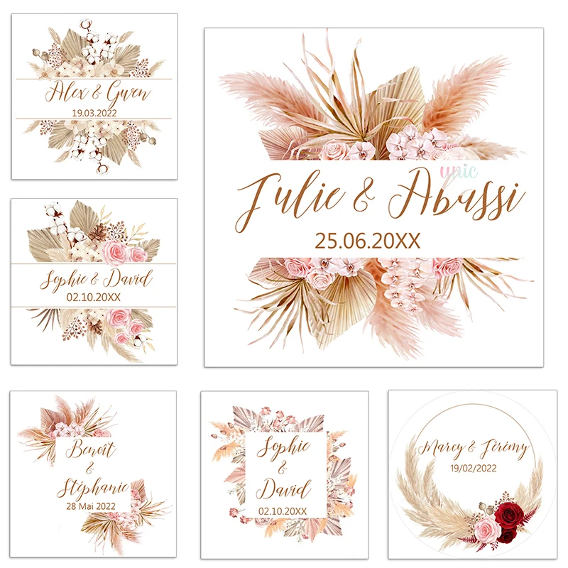 Pampas Grass Customize Stickers Square Shape Labels Wedding Sticker Labels Personalise Baptism Birthday Sealing Sticker Decor