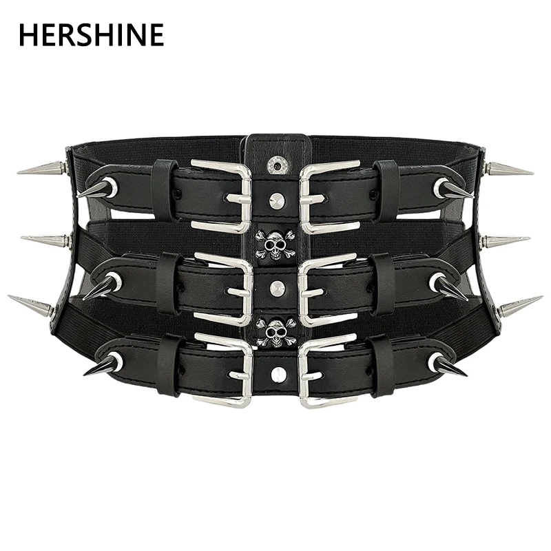 HERSHINE Women's Fashion Spiked Skull Elastic Wide Belt, Y2K Gothic, Harajuku, Punk, Rock & Hip Hop Accessories，spring，summer