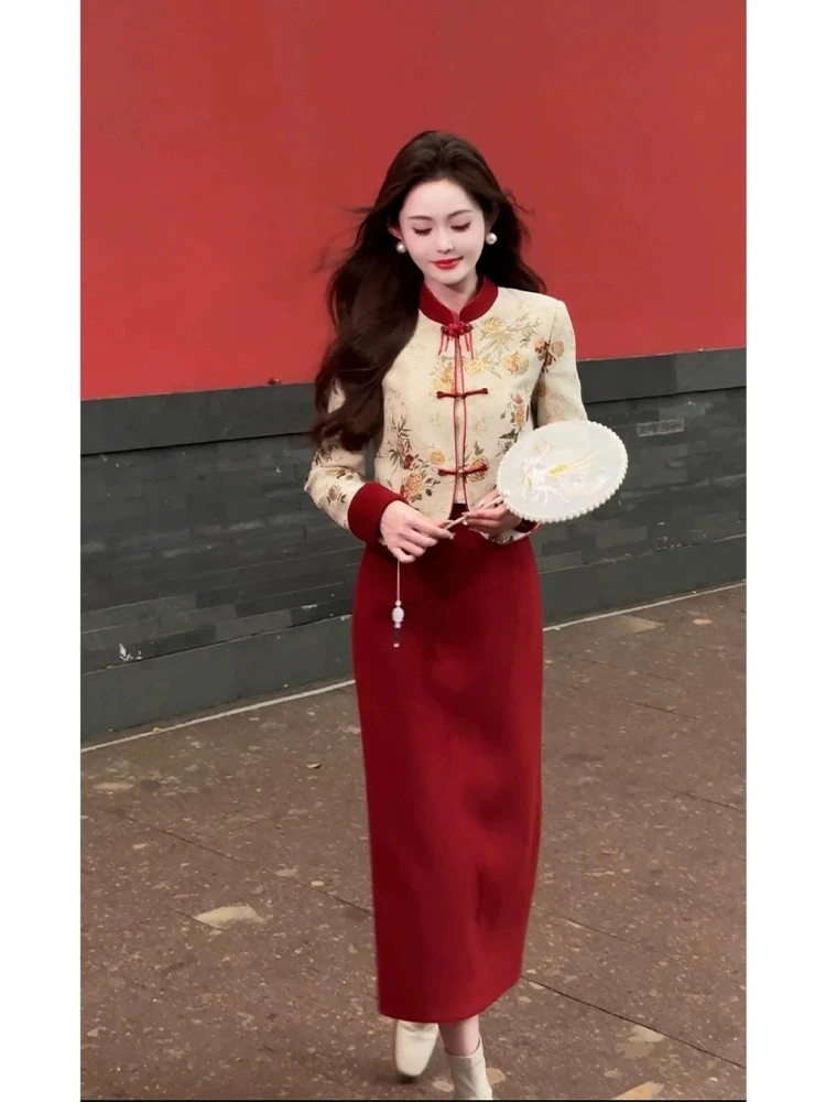 

2026 women Vintage long sleeved embroidered velvet waist cinched cheongsam jumpsuit long skirt