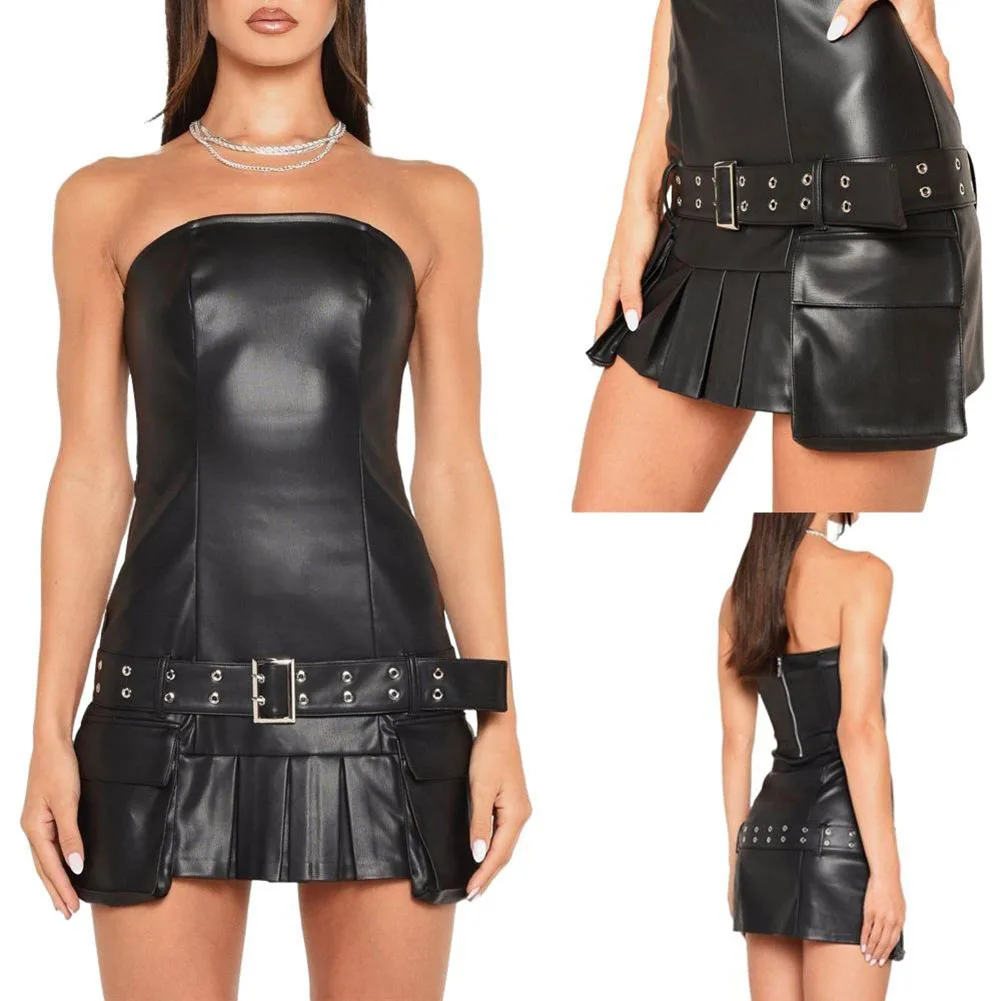 

Women's Faux Leather Strapless Tube Dress Off Shoulder Sleeveless Bodycon Mini Party Dress With Suspended Belt