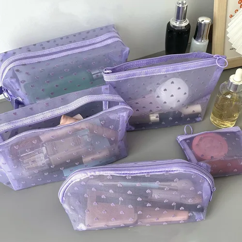 Bolsa de almacenamiento de cosméticos para mujer, organizador de viaje, monedero con estampado de corazón púrpura, bolsa de maquillaje de malla de nailon, bolsa de maquillaje bonita transparente