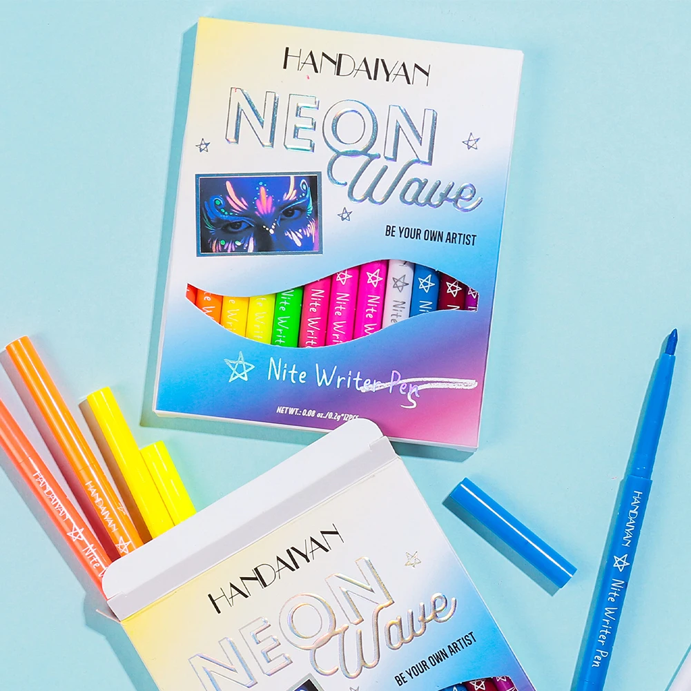 ลิปสติกแต่งหน้านีออน12สีอายไลเนอร์เรืองแสงสีสันสดใสกันน้ำแห้งเร็วอายไลเนอร์แบบเรืองแสงสำหรับงานปาร์ตี้เวทีแต่งหน้าศิลปะ