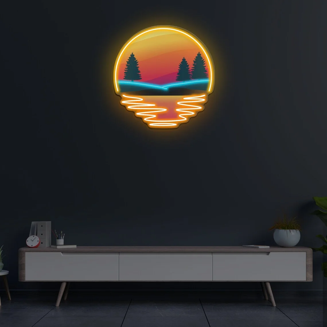 Sunset Neon Sign, Pine Tree Silhouette LED Neon Wall Decor for Nature Lovers, Ideal for Peaceful Home Tropical Sunset Sea Theme