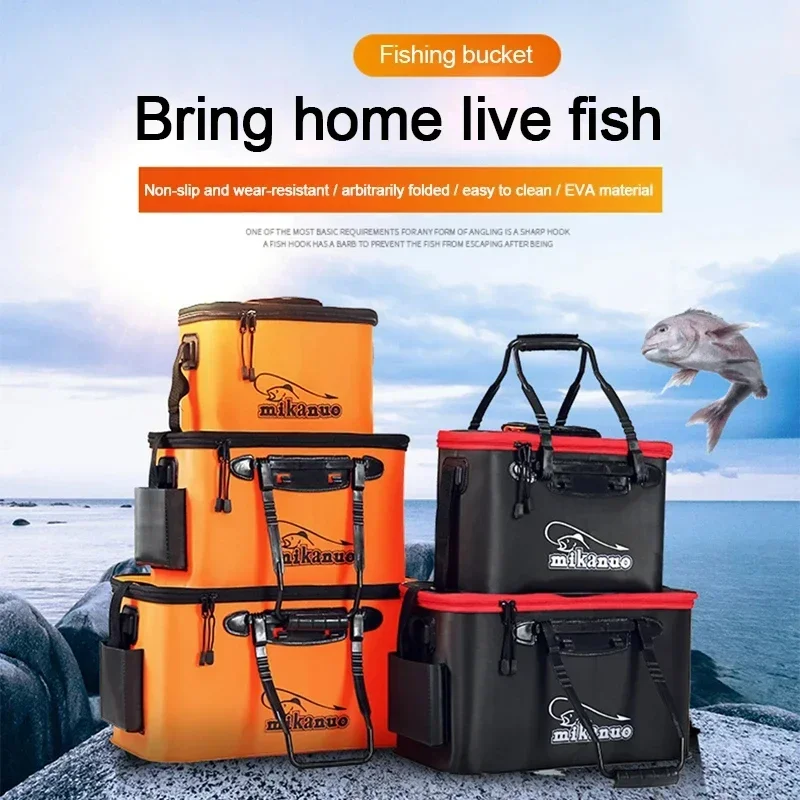 New 30-50cm Fishing Bucket EVA Foldable Carrying Handle Collapsible Live Fish Box with Side Pocket and Zipper for Travel Camping