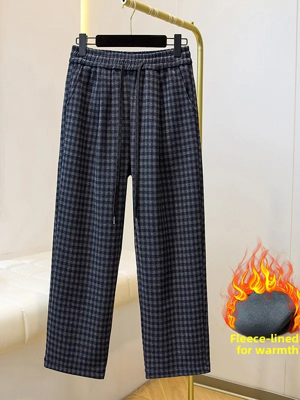 

High Waist Dstring Fce Lined Wide Leg Pants Plaid Straight Cut Casual Trousers for plus Size Women Autumn Winter