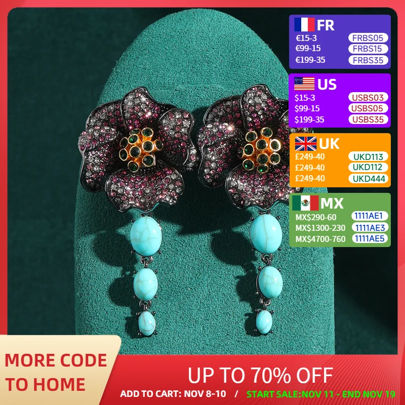

Vintage Jewellery High Quality Black Rhinestones Rose Flower Earrings Drop Large Natural Stone Luxury Designer Accessories Woman