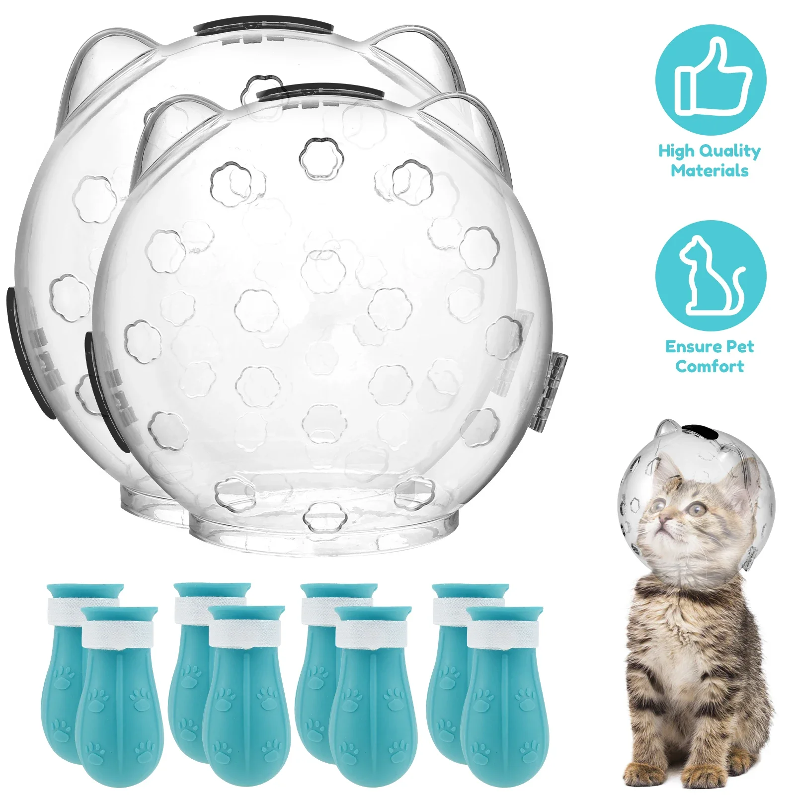 Cat Muzzle Breathable Transparent Anti-Bite Protective Space Hood Set Durable Cat Grooming Accessories with 4 Silicone Paw Shoes