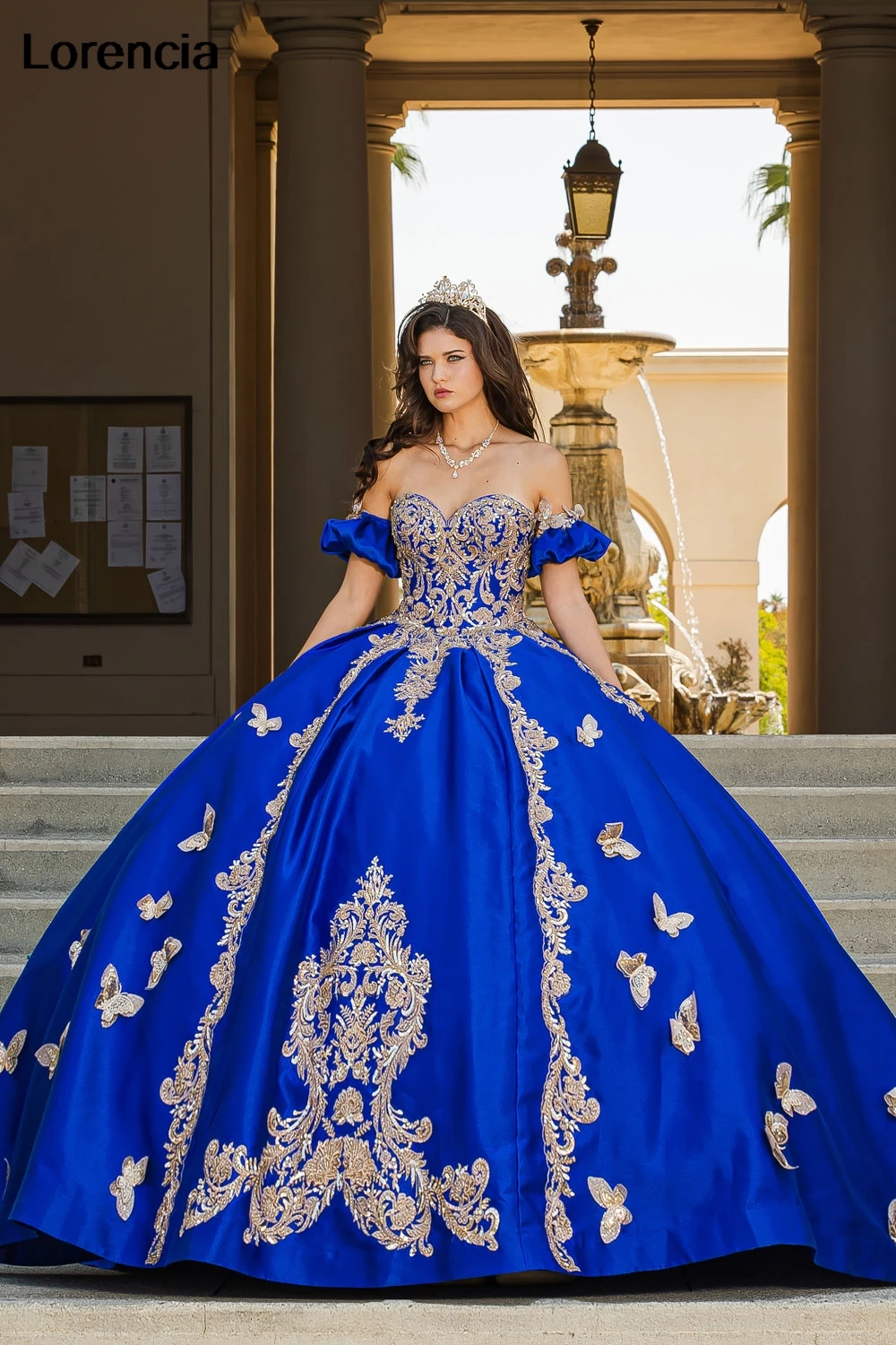 Lorencia-vestido De quinceañera azul real De México, vestido De baile, corsé De cuentas con apliques De mariposa dorada, dulce 16, 15 Años, YQD841