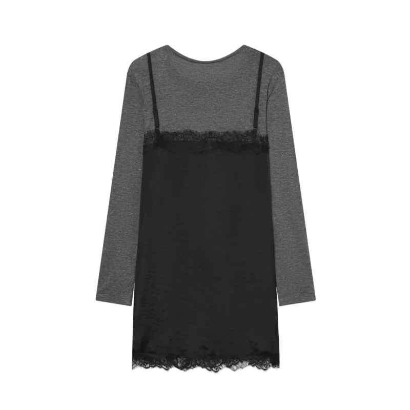 Primavera Verano mujer Patchwork vestido Midi Casual cuello redondo manga larga Mujer Encaje Vintage Vestido corto Chic elástico vestido femenino