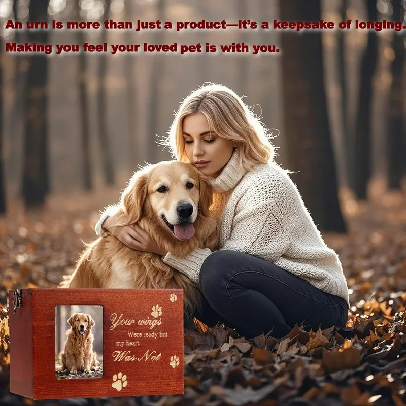 Medium Wooden Pet Urn for Dog Cat Ashes Memorial Keepsake Box with Picture Frame Black Flannel Interior Pet Loss Sympathy Gift