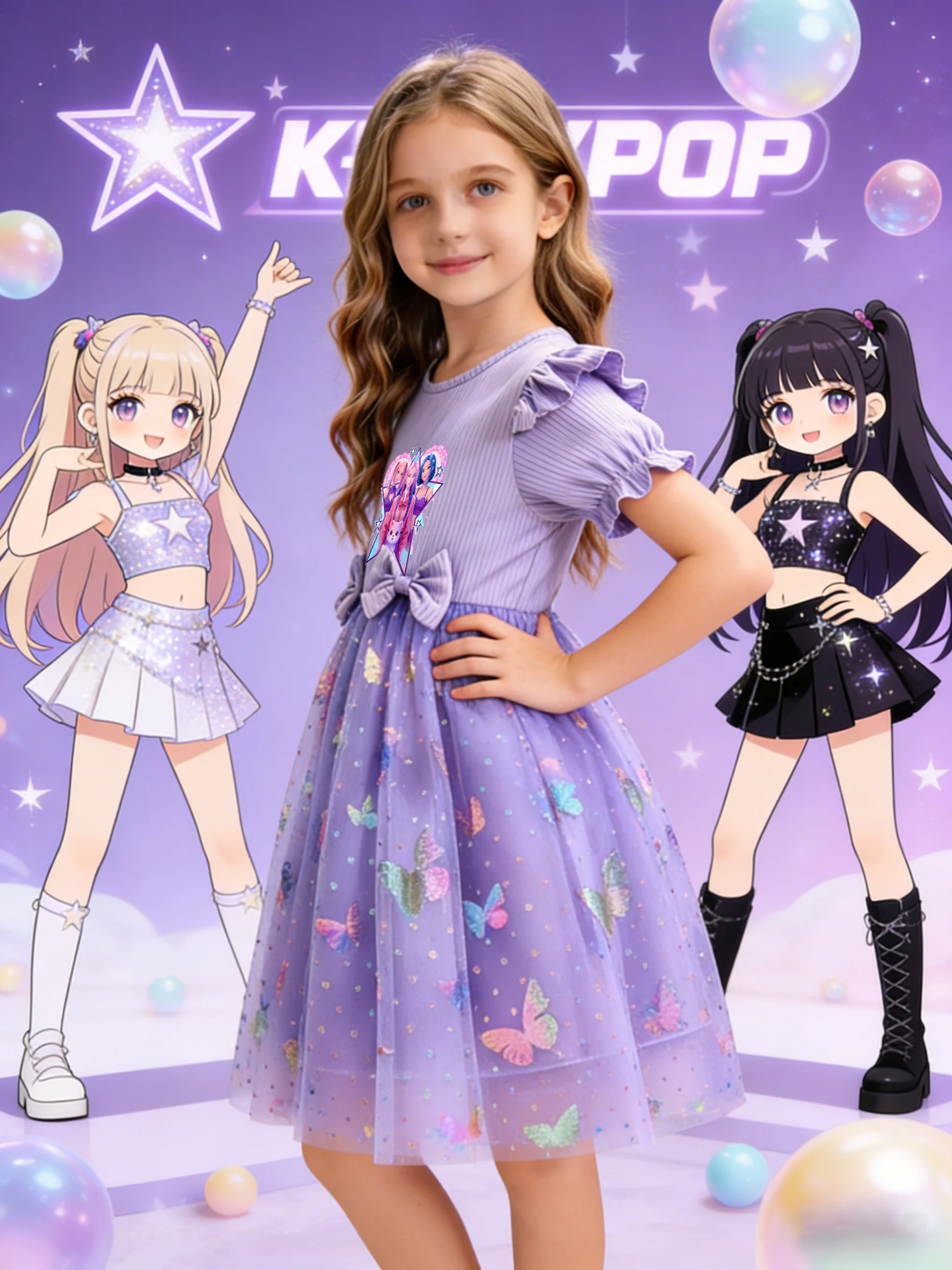 Little Girl Ins Style Dress, Ribbed Flutter Sleeve Top + Polka Dot Butterfly Sequin Tulle Skirt