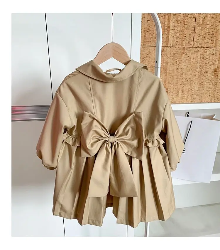 2-10 Years Girls Khaki Dress Jackets Kids Turn Down Collar Trench Coat for Girls Cute Bow Long Outwear Toddler Windbreaker 6 8