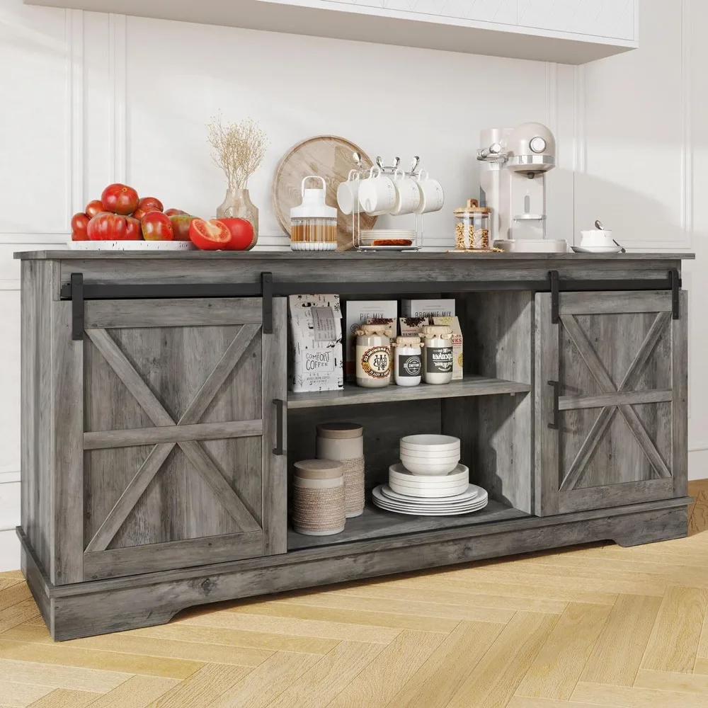 60“ Farmhouse Sliding Barn Door Coffee Bar Sideboard Buffet Cabinet with Capacity 300 lbs for Home Kitchen Dinning Living