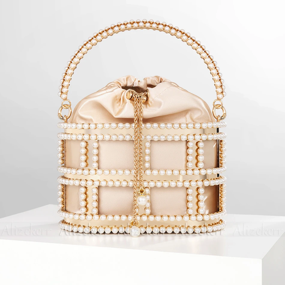 Gorgeous Pearl Metal Cage Evening Bags Women New Boutique Chic And Elegant Hollow Out Metallic Purses And Handbags Wedding Party