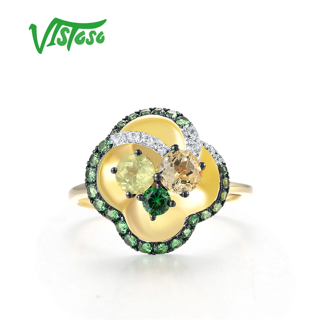 VISTOSO Pure 14K 585 Yellow Gold Ring For Women Sparkling Diamond Colorful Cluster Green Flower Party Gift Elegant Fine Jewelry