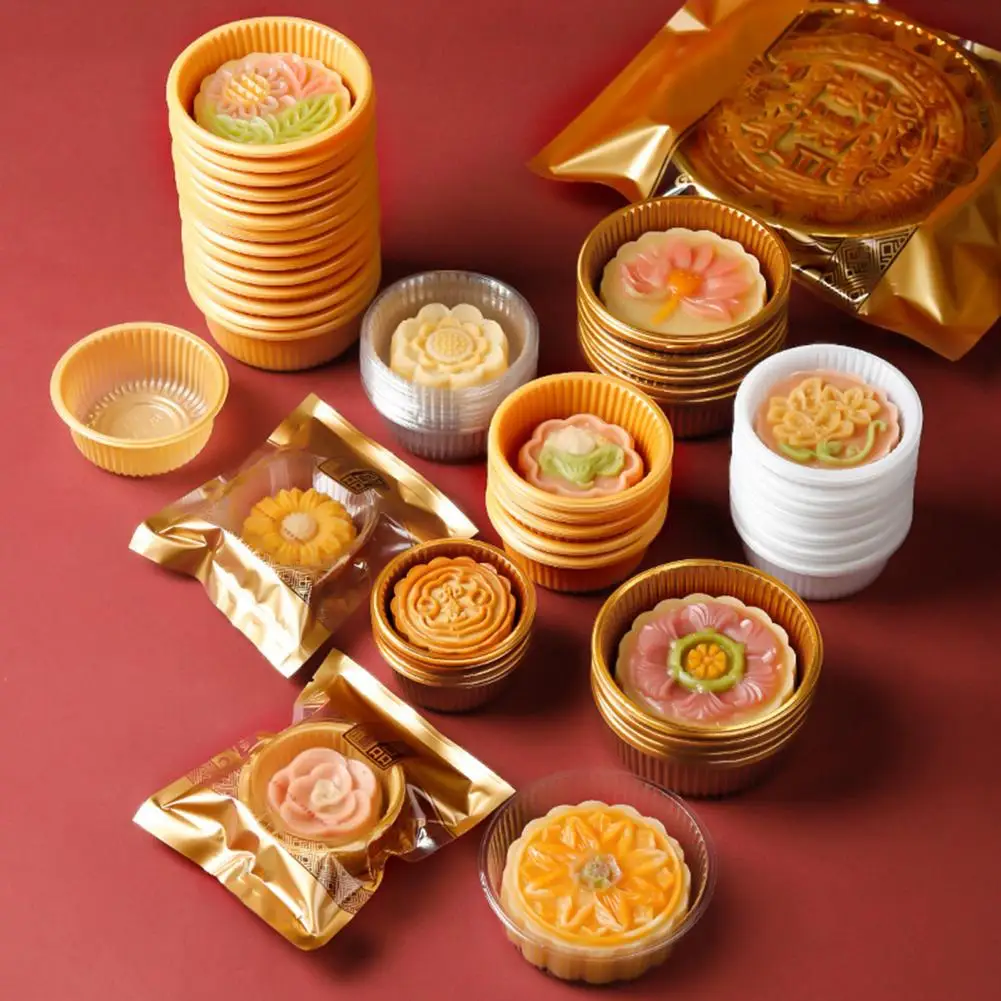 100Pcs Round Thick Free Moon Cake Trays Stackable Space Saving Mung Bean Cake Packaging Trays for Mid-Autumn Festival