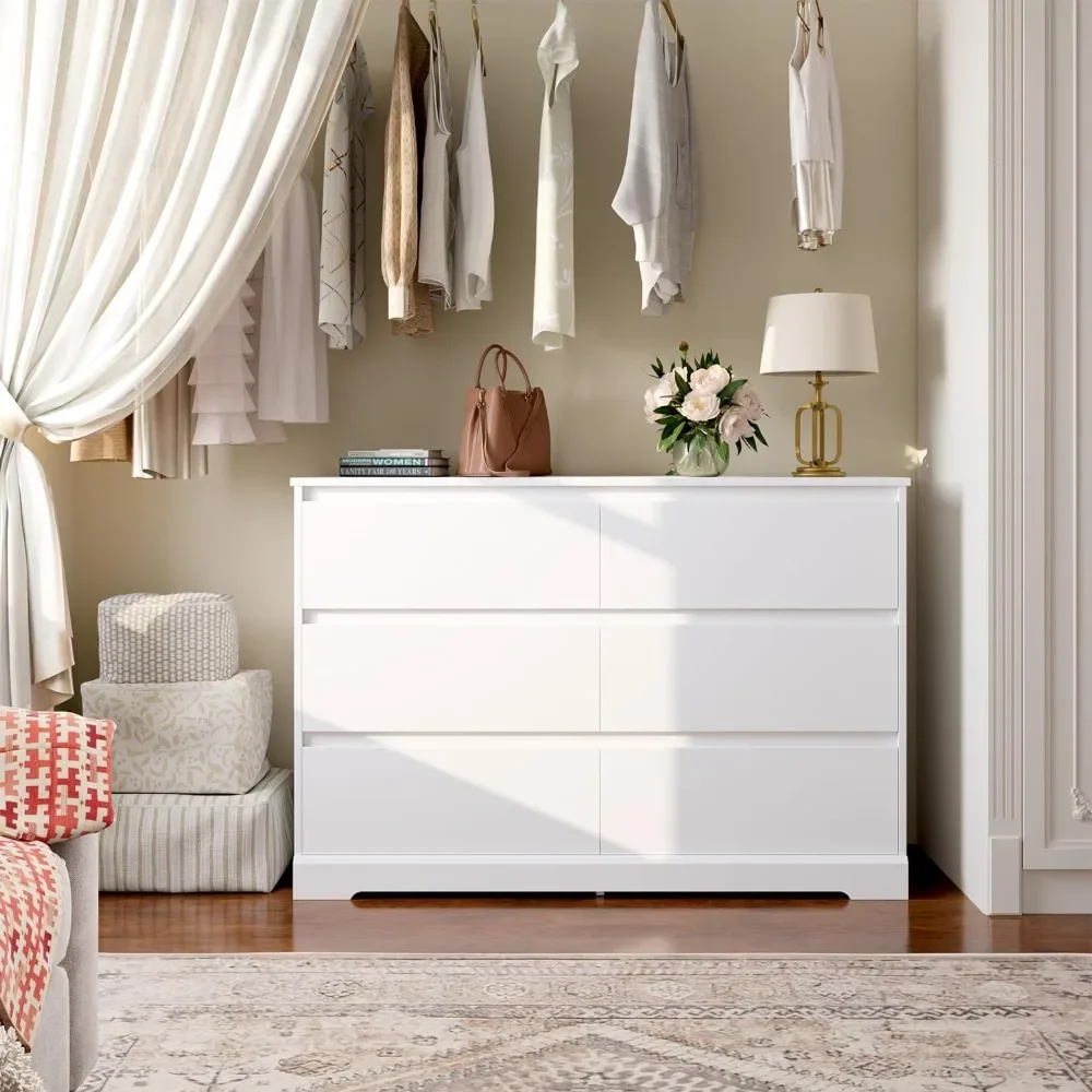 6 Drawer Double Dresser, White Dresser, Modern 6 Chest of Drawers with Deep Drawers, Wide Storage Organizer Cabinet