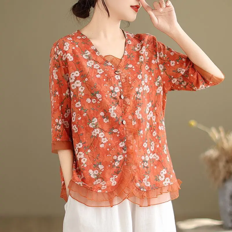 2024 Summer New Pullover V-neck Ruffle Edge Women's Ramie Printed Shirt Vintage Cotton and Hemp Casual Versatile Linen Top L324